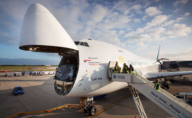 Cargo plane loaded with aid provided by Oxfam and UNICEF for delivery to East Af